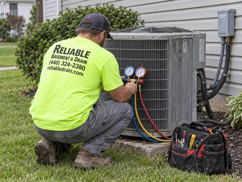 Service illustration of AC repair in a lime Reliable uniform