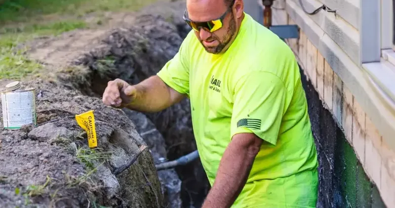 Reliable employee working on exterior drainage