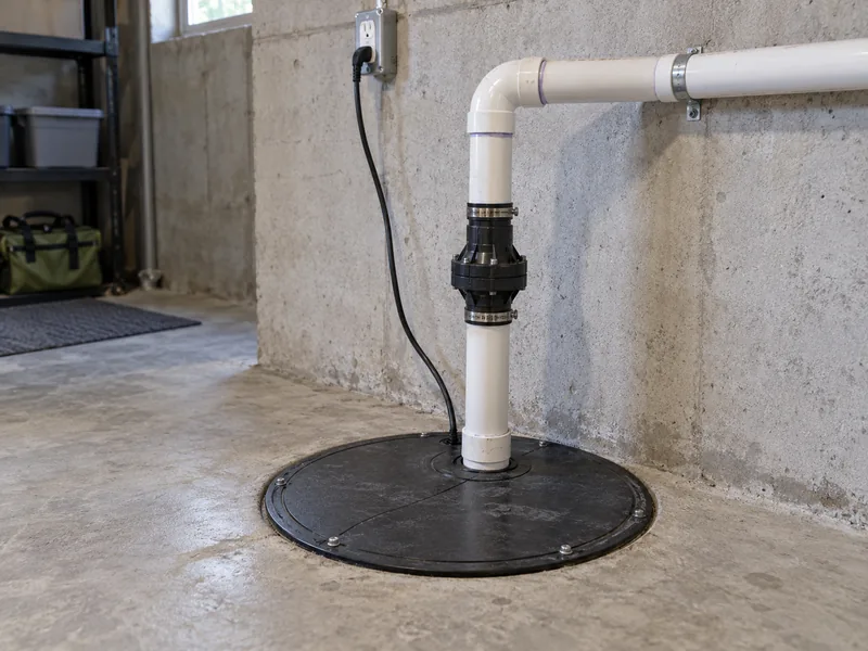 Service illustration of an installed basement sump pump system